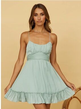Spaghetti Strap Ruffle-Hem Mini Dress in Sage